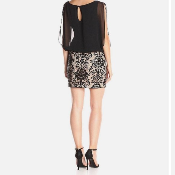 Aidan Mattox - Embroidered Chiffon Blouson Black/Nude Short Dress - Picture 2 of 14